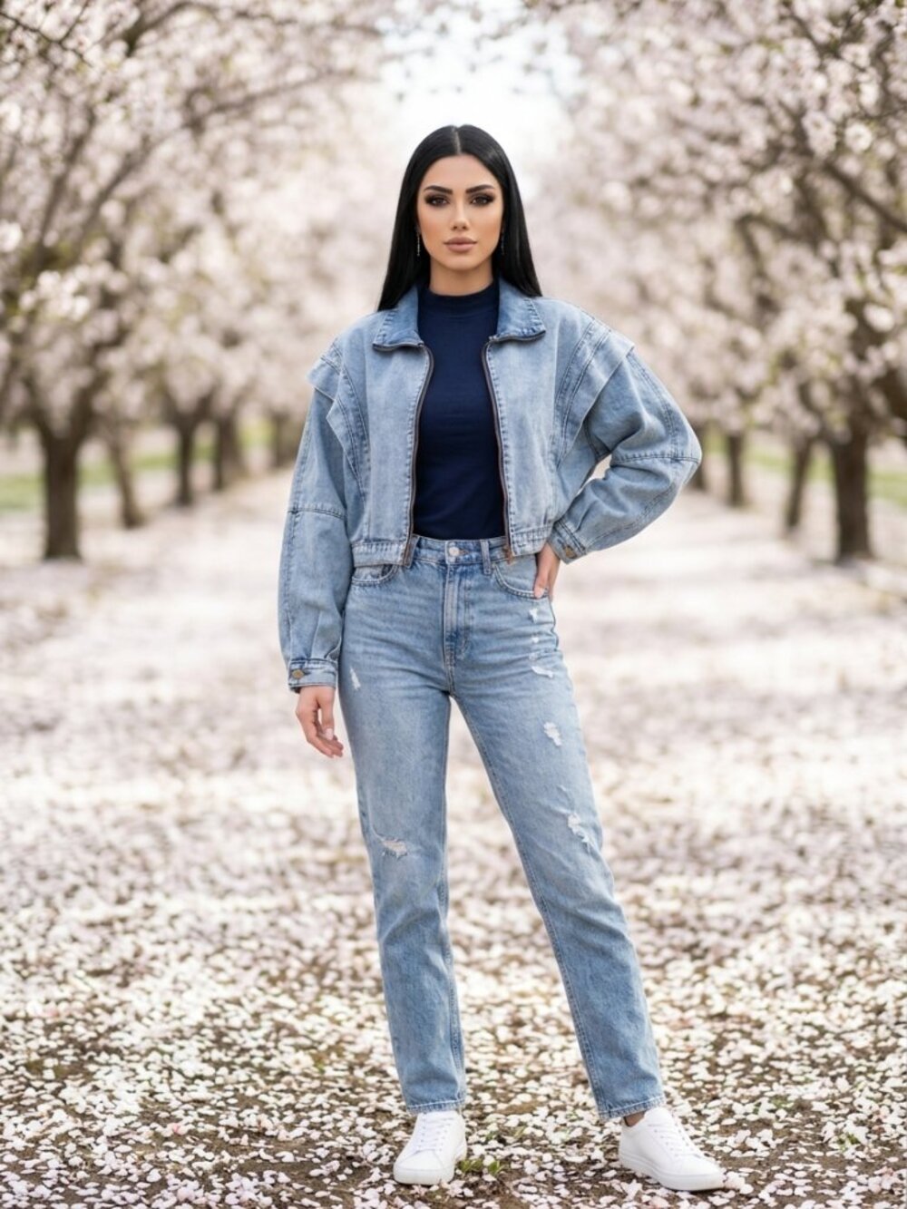 Cropped Blue Denim Zip-Front Jacket - Picture 7 of 16